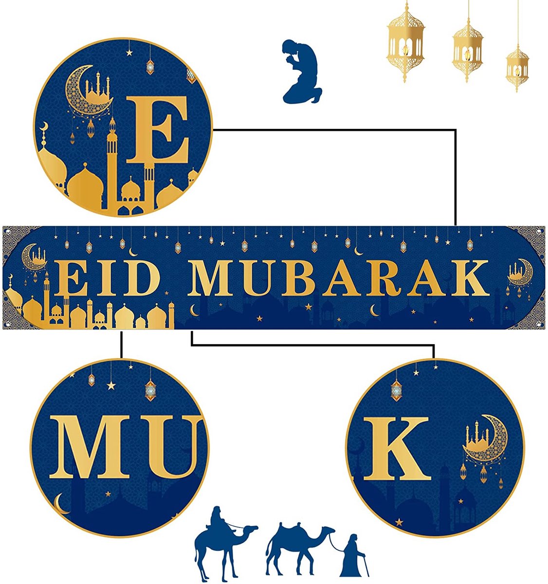 XXL Eid Mubarak Banner 210 x 40 cm | Wasbaar en Herbruikbaar | Achtergrond Ramadan Blauw | Ramadan Muur decoratie | Versiering Ramadan Mubarak